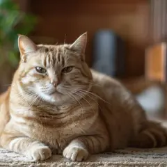 Puszysty rudy kot leży na dywanie, zastanawiając się, jak odchudzić kota, by znów był zwinnym łowcą.
