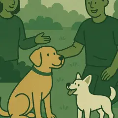 Dwa psy i ich opiekunowie cieszą się wspólnym czasem na trawie. To idealna scena do nauki socjalizacji psa, gdzie czworonogi poznają siebie nawzajem.
