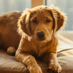 Złocisty retriever leży na kanapie. Czy pies może jeść orzeszki ziemne? Ten słodki szczeniak wygląda, jakby zastanawiał się nad tym pytaniem.