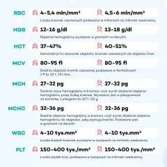 Tabela z normami badań krwi: RBC, HGB, HCT, MCV, MCH, MCHC, WBC, PLT.