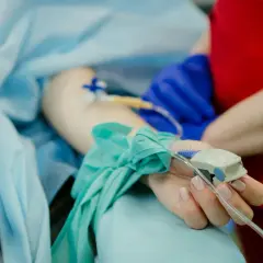 Ręka pacjenta z pulsoksymetrem i wenflonem, w trakcie zabiegu weterynaryjnego.
