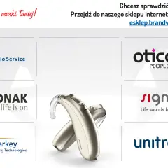Złoty aparat słuchowy, idealny dla psa, obok logo Phonak. Sprawdź inne marki: Oticon, Signia, Unitron, Starkey, Audio Service.