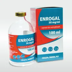 Butelka i pudełko leku ENROGAL 50 mg/ml, roztwór do wstrzykiwań 100 ml dla cieląt, świń i psów.