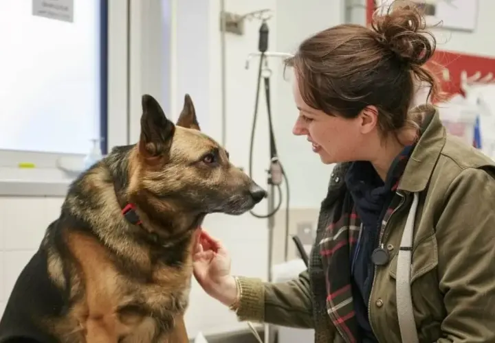 Uśmiechnięta kobieta głaszcze owczarka niemieckiego. Pies wygląda na spokojnego, a kobieta na troskliwą.