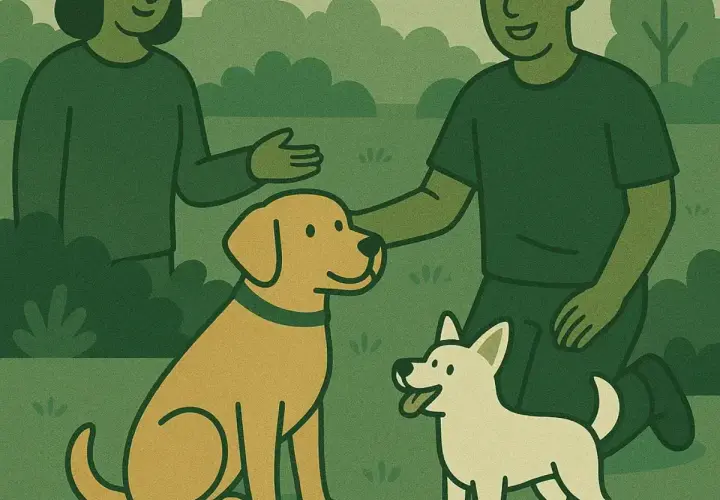 Dwa psy i ich opiekunowie cieszą się wspólnym czasem na trawie. To idealna scena do nauki socjalizacji psa, gdzie czworonogi poznają siebie nawzajem.