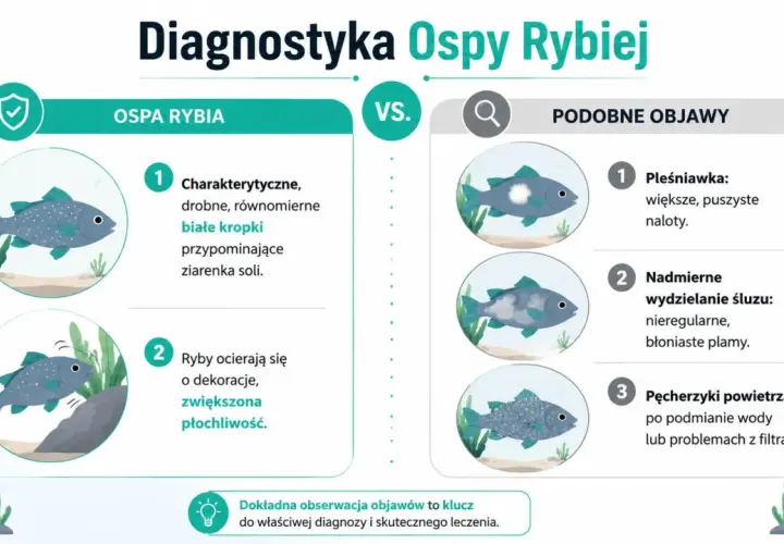 Ilustracja porównuje objawy ospy rybiej (drobne białe kropki, ocieranie się ryb) z podobnymi symptomami (pleśniawka, nadmiar śluzu), kluczowe dla ichtiologii.