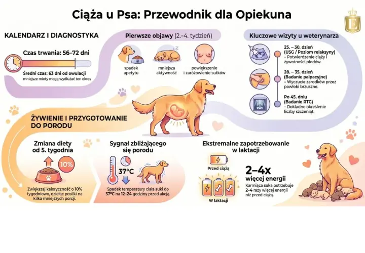 Przewodnik po ciąży u psa: ile pies chodzi w ciąży (56-72 dni), pierwsze objawy, wizyty u weterynarza, żywienie i przygotowanie do porodu.