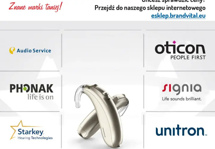 Złoty aparat słuchowy, idealny dla psa, obok logo Phonak. Sprawdź inne marki: Oticon, Signia, Unitron, Starkey, Audio Service.