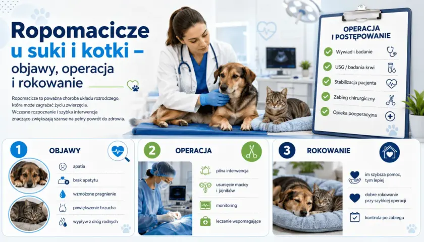 Weterynarz bada psa i kota. Infografika o ropomaciczu u suczek i kotek: objawy, operacja i rokowanie. Szybka interwencja ratuje życie.