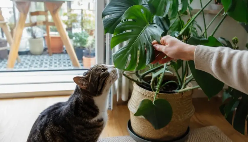 Kot ciekawski wącha liść monstery, zastanawiając się, czy monstera jest trująca dla kota.