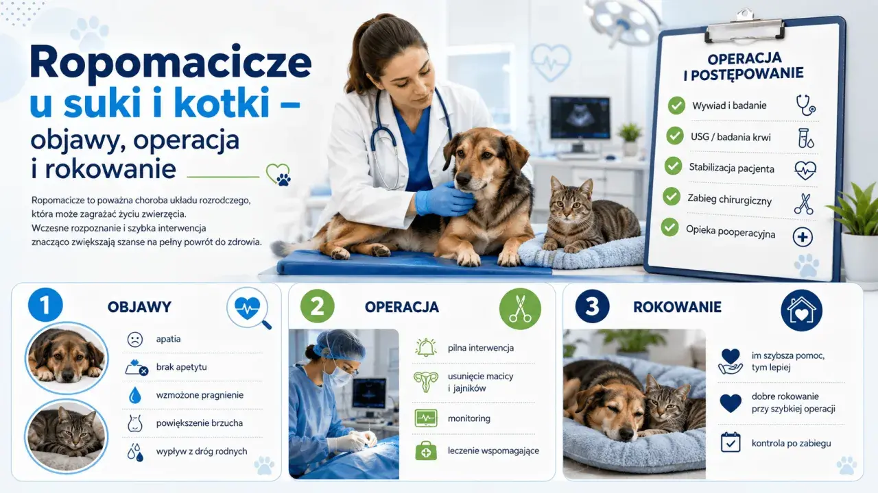 Weterynarz bada psa i kota. Infografika o ropomaciczu u suczek i kotek: objawy, operacja i rokowanie. Szybka interwencja ratuje życie.
