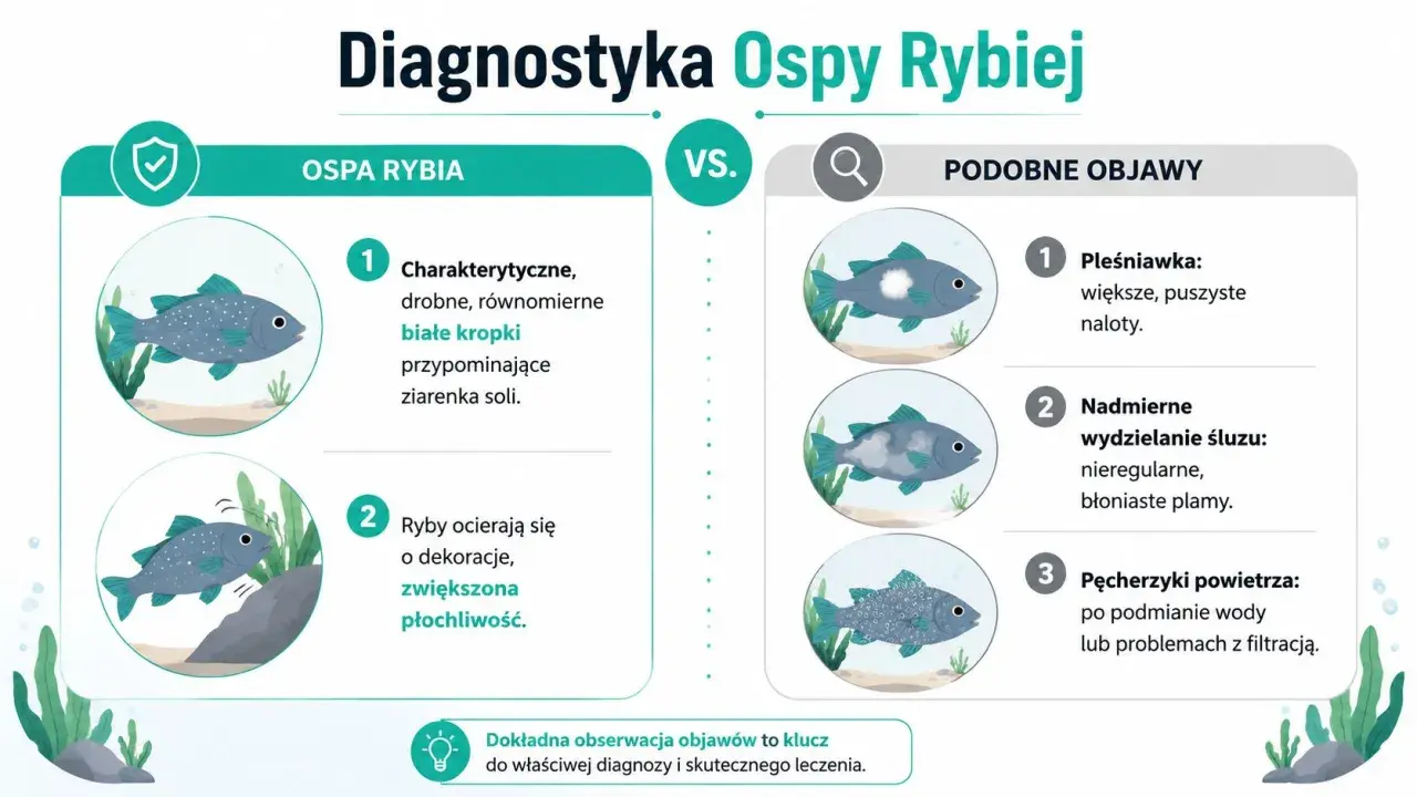 Ilustracja porównuje objawy ospy rybiej (drobne białe kropki, ocieranie się ryb) z podobnymi symptomami (pleśniawka, nadmiar śluzu), kluczowe dla ichtiologii.
