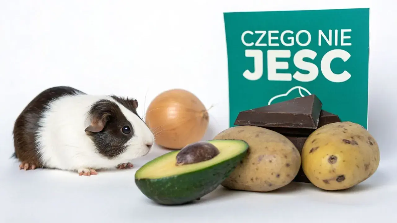 Świnka morska obok awokado, ziemniaków, czekolady i cebuli. Tabliczka informuje "Czego nie jeść".