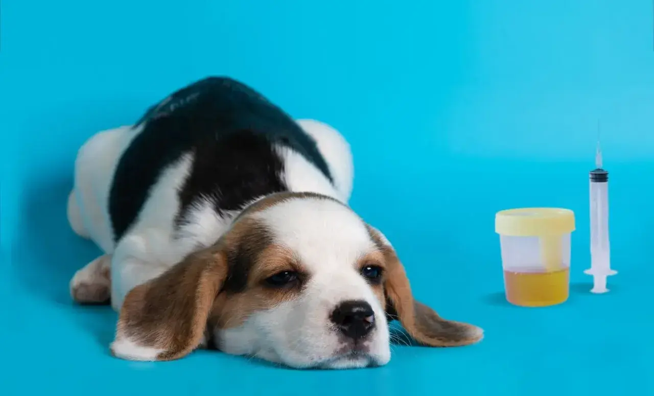 Smutny szczeniak beagle obok pojemnika z moczem i strzykawki. W moczu mogą być wałeczki szkliste.