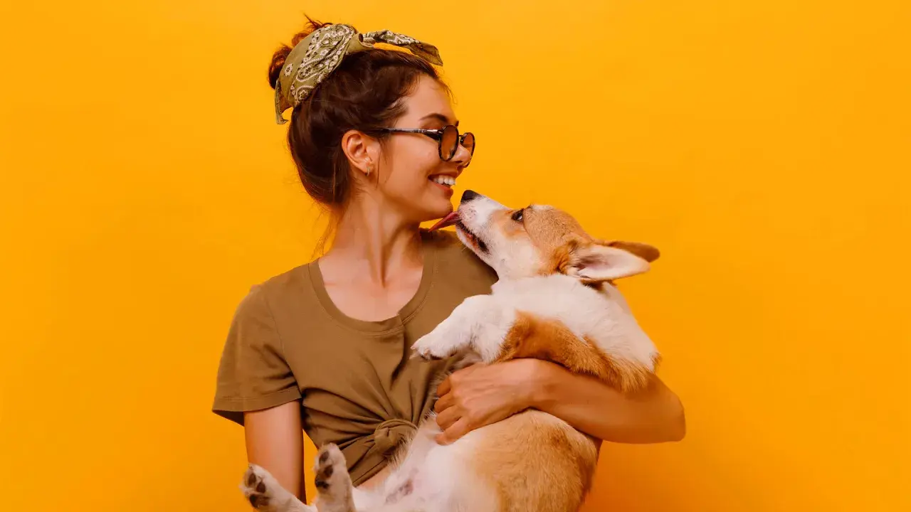 Uśmiechnięta dziewczyna z okularami i bandaną na głowie tuli corgi. Piesek liże ją po nosie. Wiele imion na N, jak Nela czy Nika, pasowałoby do tej słodkiej pary.