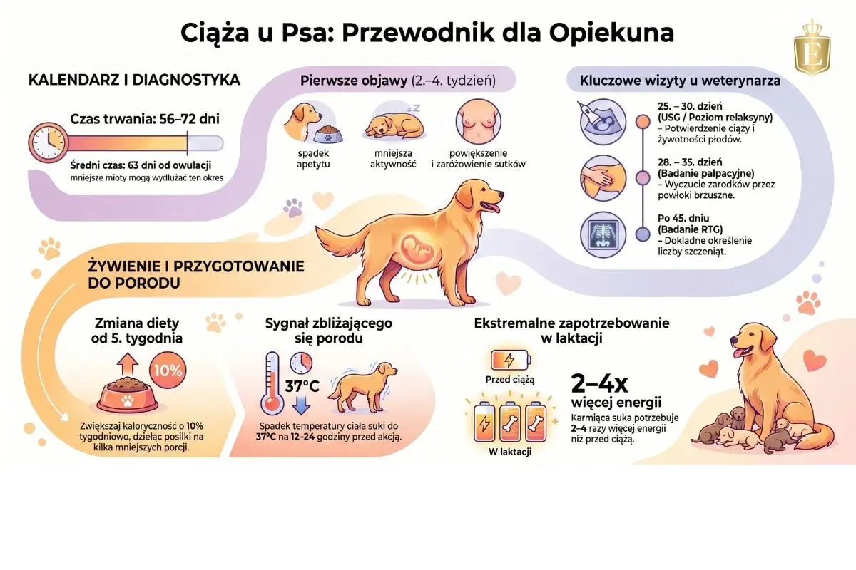 Przewodnik po ciąży u psa: ile pies chodzi w ciąży (56-72 dni), pierwsze objawy, wizyty u weterynarza, żywienie i przygotowanie do porodu.