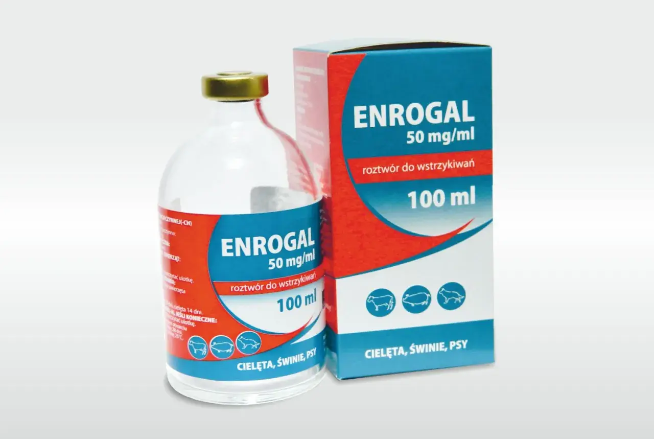 Butelka i pudełko leku ENROGAL 50 mg/ml, roztwór do wstrzykiwań 100 ml dla cieląt, świń i psów.
