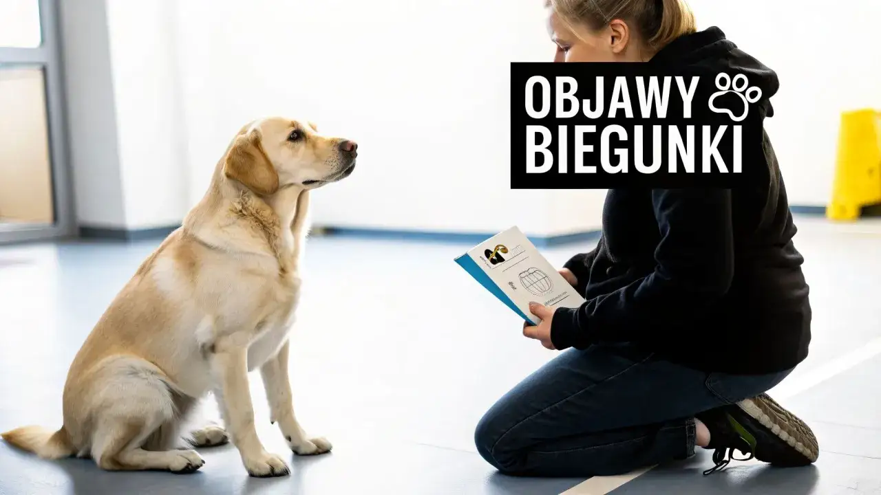 Labrador słucha opiekunki, która czyta o objawach biegunki u psa. Może to być informacja o tym, jak podać smectę dla psa.