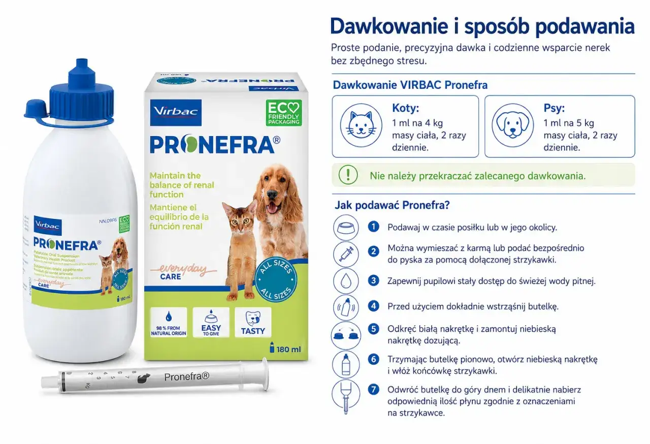Pronefra – zawiesina doustna dla kotów i psów, wspierająca równowagę funkcji nerek. Opakowanie z kotem, psem i strzykawką.